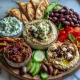 A vibrant Mediterranean Brunch Board with Dips and Flatbreads showcases smoky baba ganoush, tangy tzatziki, and hummus, surrounded by kalamata olives, crunchy nuts, and colorful bell pepper strips.