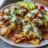 Crispy tortilla chips smothered in a rich, creamy cheese sauce, perfect for game day snacking.