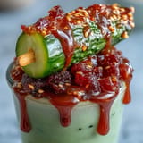 Layered Chamoy Pickle Kit snack cup filled with crunchy pickles, sour gummy strips, and mini candies for a bold sweet-and-spicy treat.