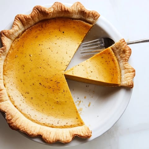 Freshly baked Pumpkin Pie with a golden, flaky crust and a silky spiced custard filling, served on a rustic wooden table.
