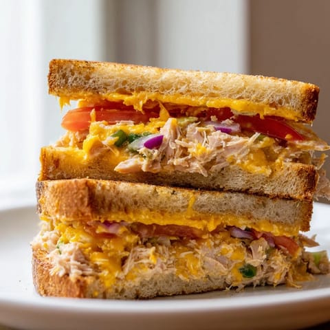 A close-up of a Spicy Tuna Melt sandwich, the crust crisp and buttery, revealing layers of red onion and tuna filling.