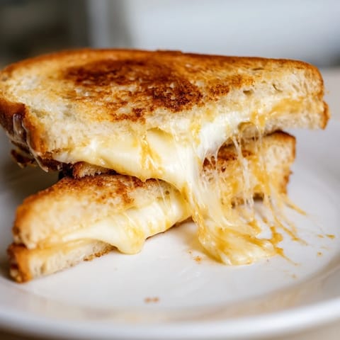 Crispy, golden Three-Cheese Grilled Cheese with gooey melted mozzarella, cheddar, and provolone between buttery sourdough slices.  