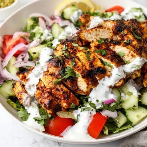 Brightly colored bowl of Chicken Shawarma Salad topped with juicy grilled chicken, crisp cucumbers, and fresh parsley.