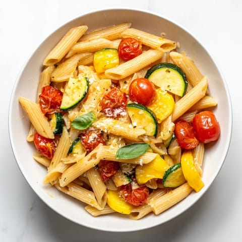 A serving of Garden Veggie Pasta garnished with fresh basil and lemon zest, alongside a glass of crisp white wine.