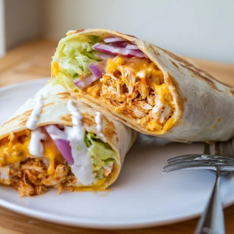 A hand holding a warm Buffalo Ranch Chicken Wrap drizzled with extra ranch and buffalo sauce, perfect for a quick weeknight meal or game day snack.