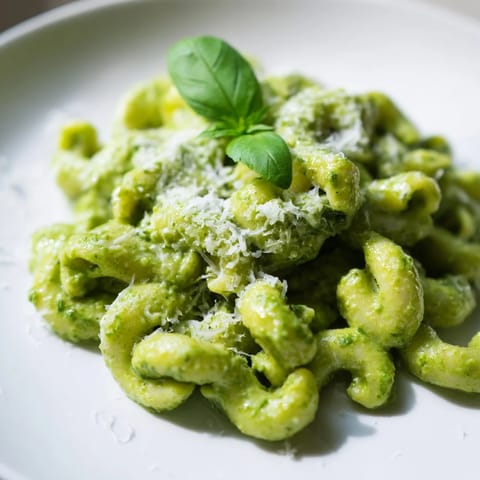 Creamy Avocado Pesto Mac in a white bowl with a fork, topped with fresh basil and grated Parmesan cheese.