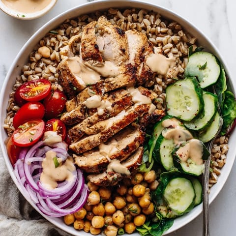 Roasted chicken and golden chickpeas top a bed of farro and fresh greens in a vibrant Lemon Tahini Chicken Power Bowl, drizzled with creamy sauce.  