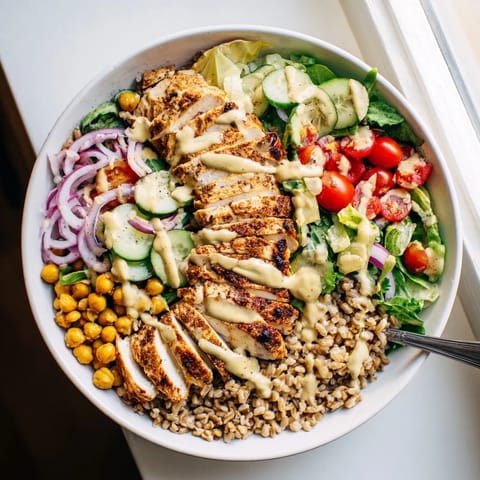 Bright lemon tahini dressing coats this Mediterranean-inspired bowl, featuring juicy sliced chicken, hearty farro, and crisp veggies for a nourishing meal.  