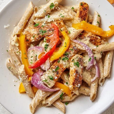 Creamy Cajun Chicken Pasta Lite shines with golden chicken strips and colorful bell peppers in a light, spicy sauce.  