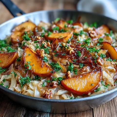 Tangy sauerkraut and sweet apples sautéed with caraway in a skillet.