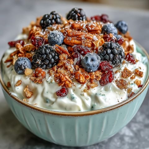 Hearty yogurt bowl with colorful berries and toasted nuts, a perfect winter breakfast.