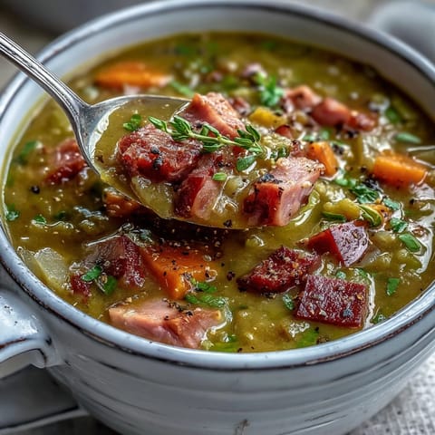 Thick, savory Split Pea and Ham Soup with tender ham chunks and diced carrots simmering in a rustic pot.