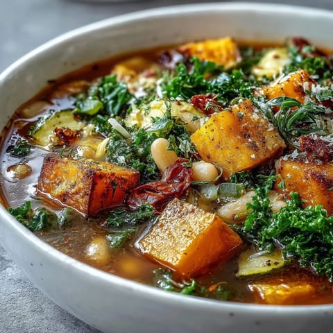 A large pot of steaming Winter Minestrone Soup reveals colorful kale, butternut squash, and beans, ready to be served.