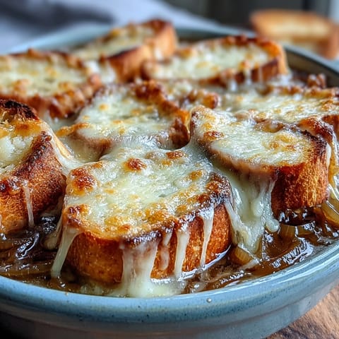 Golden-brown caramelized onions simmer in a Dutch oven, topped with crusty baguette slices and bubbling Gruyère cheese.