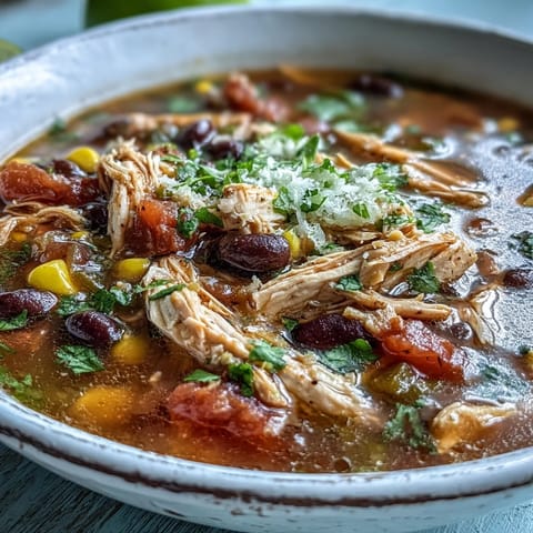 Hearty Southwestern Turkey Soup simmering with black beans, corn, and red bell pepper in a rustic pot.