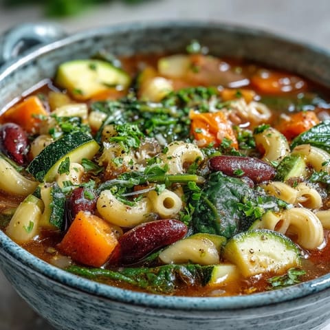 Bowl of Minestrone Soup topped with parsley, beside crusty bread and a spoon for serving.