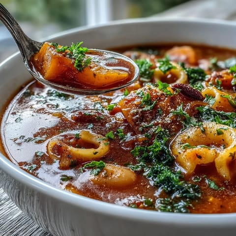 A close-up of Winter Minestrone Soup With Butternut Squash and Kale, with tender vegetables and pasta swimming in a rich red tomato broth.