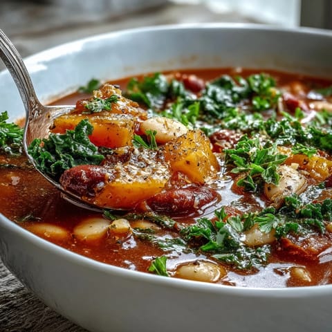 Steaming bowl of Winter Minestrone Soup With Butternut Squash and Kale topped with fresh parsley and grated Parmesan, beside crusty artisan bread.