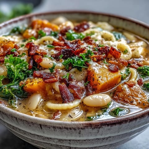A close-up of Fall Minestrone garnished with fresh parsley and grated Parmesan cheese.