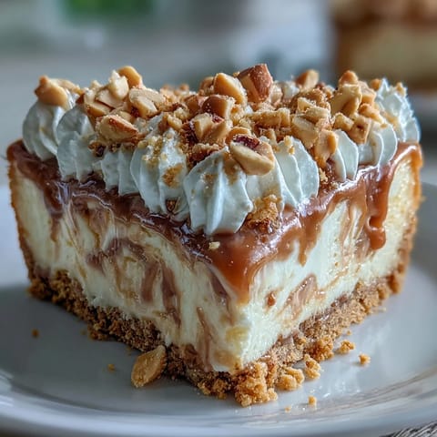 Decadent Nutter Butter Cheesecake topped with fluffy whipped cream and chopped peanuts, served on a white plate for a rich treat.