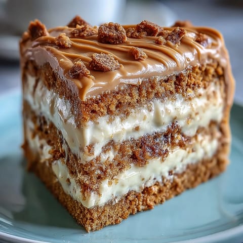 Freshly baked Decadent Baked Biscoff Cake with creamy Lotus frosting sits on a cooling rack, revealing a moist vanilla crumb studded with spiced cookie chunks.