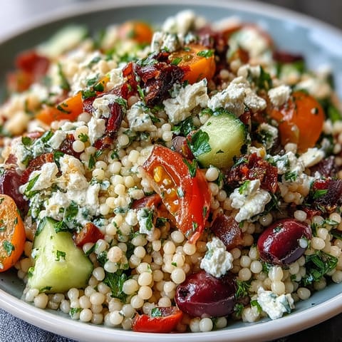Fresh Mediterranean Pearl Couscous salad with diced bell peppers, cucumber, and olives in a light oregano vinaigrette, topped with crumbled feta.