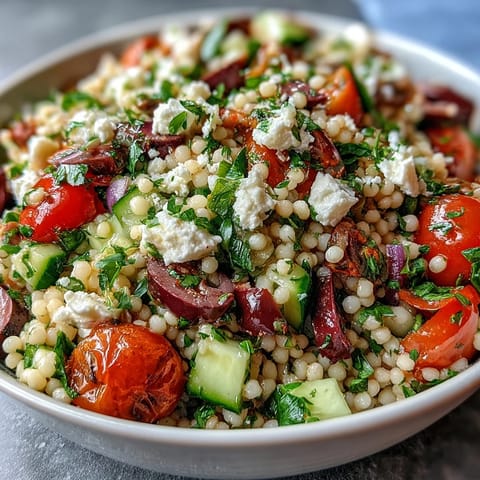 Mediterranean Pearl Couscous with cherry tomatoes, crunchy vegetables, and kalamata olives tossed in a tangy dressing, served in a white bowl.