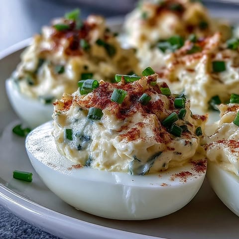 Creamy yolk filling made with mayo and cream cheese is piped into tender egg white halves.