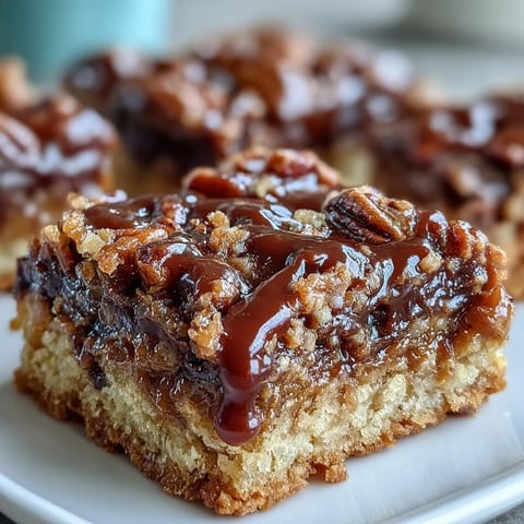 Golden-brown Decadent Sweet and Chewy Turtle Bars with Chocolate and Caramel are cut into squares on a rustic board.