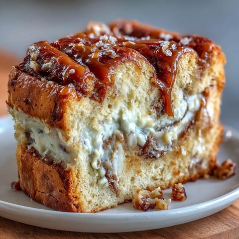 A slice of Caramel Cream Cheese Bread shows a moist crumb, thick caramel drizzle, and a rich cream cheese ribbon.