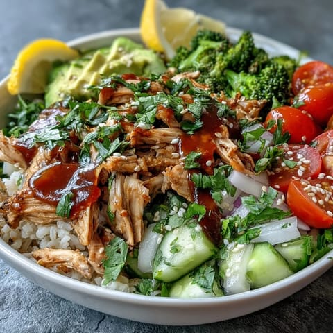Freshly shredded rotisserie chicken sits atop warm brown rice with cherry tomatoes, cucumber, and sliced avocado.