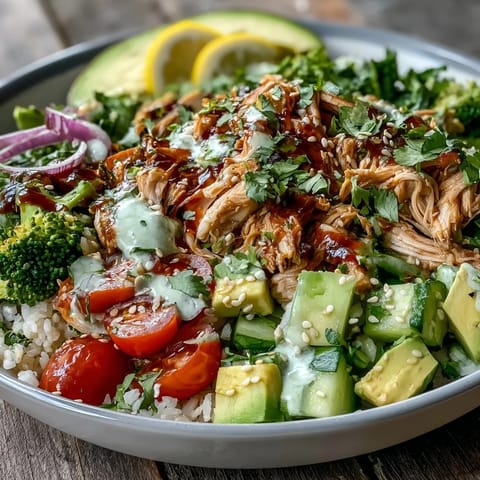 A drizzle of creamy tzatziki sauce and fresh cilantro garnish this wholesome Rotisserie Chicken Bowl.