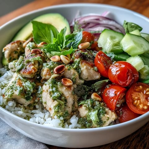 Vibrant Pesto Chicken Bowl with tender chicken, fluffy rice, fresh veggies, and toasted pine nuts on a plate.