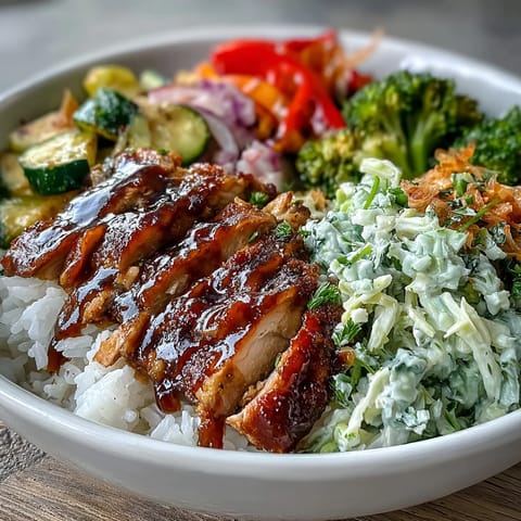 A close-up of a vibrant BBQ Chicken Bowl with glazed chicken, fluffy rice, crisp coleslaw, and roasted vegetables.