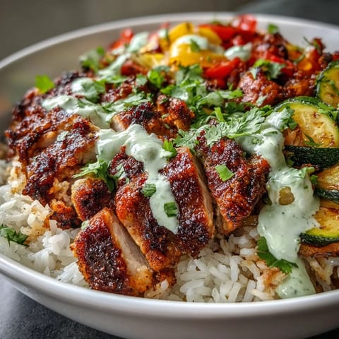 Blackened Chicken Bowl with zesty lime crema, fluffy rice, and vibrant sautéed vegetables ready to serve.