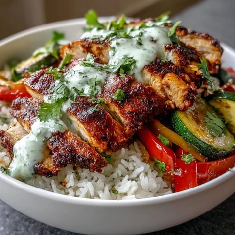 Close-up of sliced blackened chicken over rice, garnished with cilantro and lime wedges for flavor.