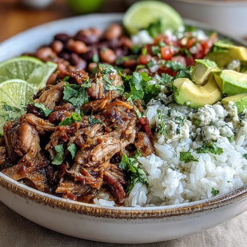 Close-up of a delicious Carnitas Bowl filled with slow-cooked pork, fluffy rice, and creamy avocado.