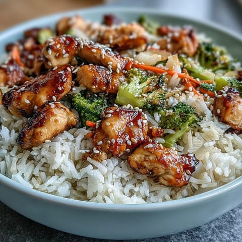 Hearty chicken and rice bowl with tender grilled chicken, colorful vegetables, and fluffy rice, garnished with fresh herbs and sesame seeds.  