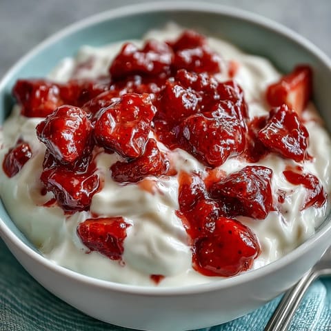Strawberry compote over Greek yogurt, a creamy and fruity breakfast treat topped with fresh mint and honey drizzle.