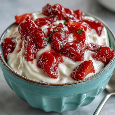 A vibrant bowl of Greek yogurt layered with sweet-tart strawberry compote, perfect for a light dessert or snack.