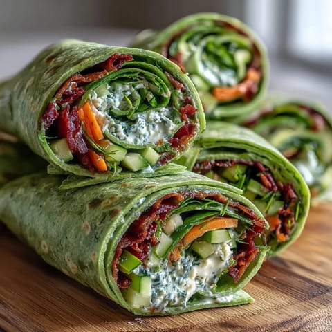 Fresh spinach pinwheel wraps bursting with herb cream cheese and crisp veggies, ideal for healthy snacking or party platters.