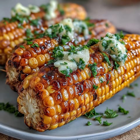 Microwave Corn on the Cob with Garlic Butter served hot, tender kernels glistening with savory melted garlic butter and fresh parsley.