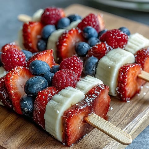 Patriotic red, white, and blue fruit skewers with strawberries, bananas, and blueberries for a festive Fourth of July celebration.  