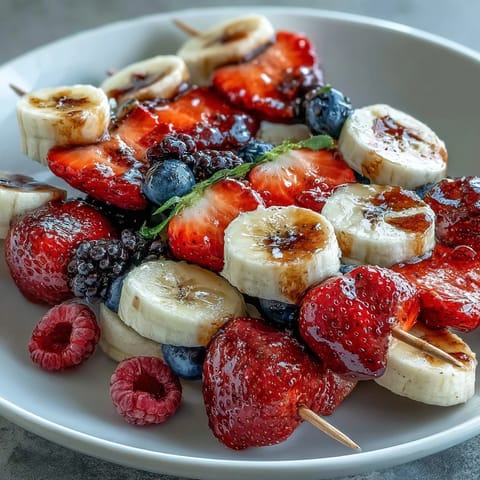 Fresh, colorful fruit skewers featuring strawberries, bananas, and blueberries—perfect for patriotic parties and summer picnics.  