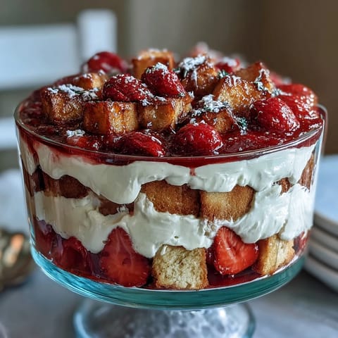 Layered strawberry shortcake trifle with juicy berries and whipped cream, perfect for a festive Mothers Day dessert table.