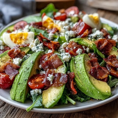 Colorful Spring Cobb Salad with Strawberries and Avocado, topped with hard-boiled eggs, feta, and tangy balsamic dressing for a satisfying meal.  