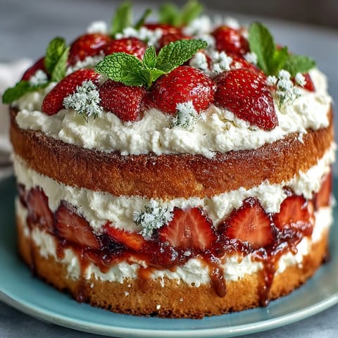 Naked cake with strawberries and cream, showcasing fresh sliced berries and fluffy whipped topping between soft sponge layers.