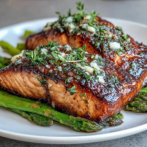 Garlic Butter Salmon with Asparagus: tender salmon fillets seared golden and bathed in fragrant garlic butter, served with crisp-tender asparagus for a fresh spring dinner.