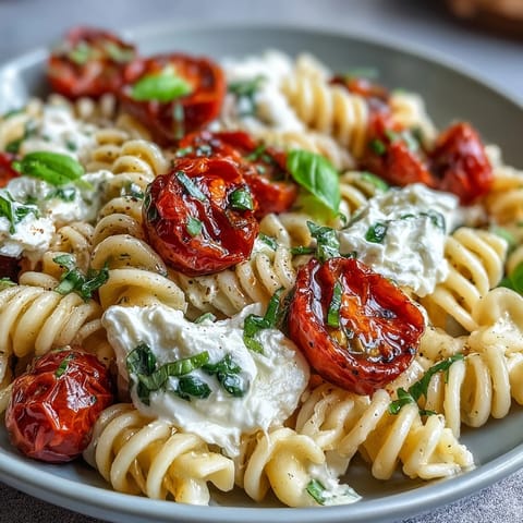 Caprese Pasta with Burrata: Creamy burrata melts over fresh tomato pasta with fragrant basil and garlic.