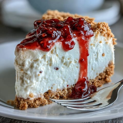 A rich and creamy no-bake cheesecake with a buttery biscuit base, topped with a vibrant homemade raspberry coulis.